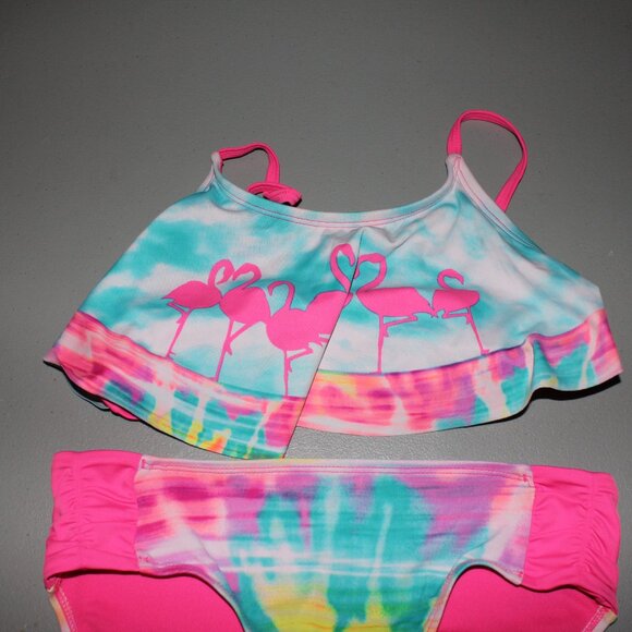 Multi Color Flamingo 2 Pcs Justice Bikini Swimsuit Size 14 - Picture 2 of 10